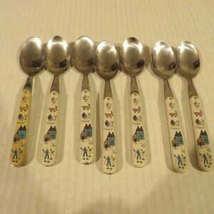 + International Heartland Stainless Steel Farm Life Scene Spoon Set 7 Vtg